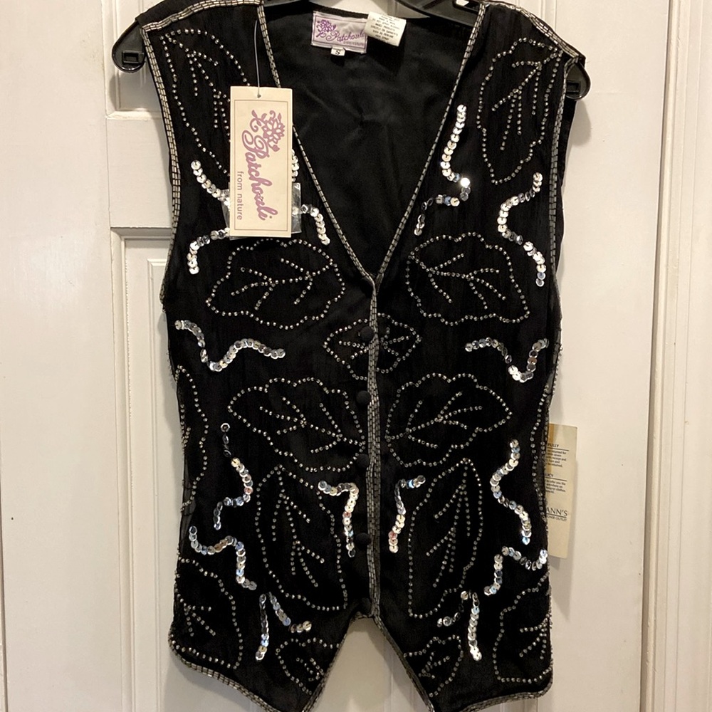 Vintage Patchouli Black Silk Sequin and Beaded Vest